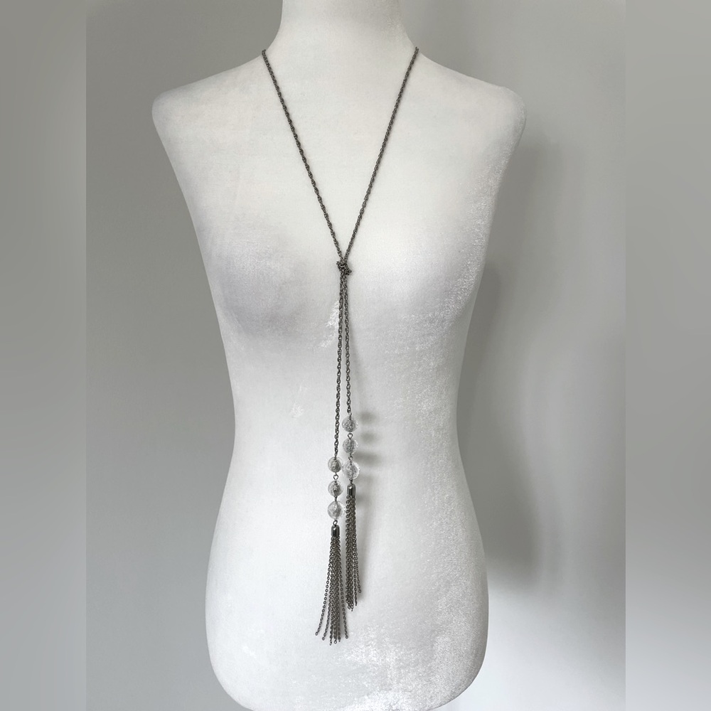 Long Chain Silver Toned Adjustable Necklace with Tassels